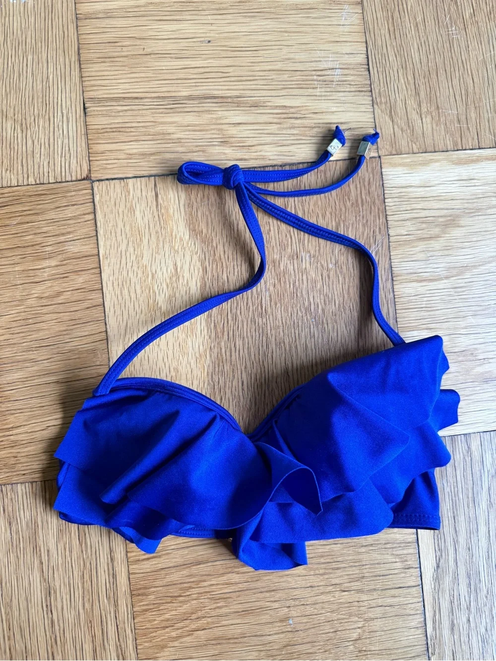 NWOT Shoshanna Swimwear Colbalt Blue Underwire Halter Bikini Top w/ Ruffle, Sz B